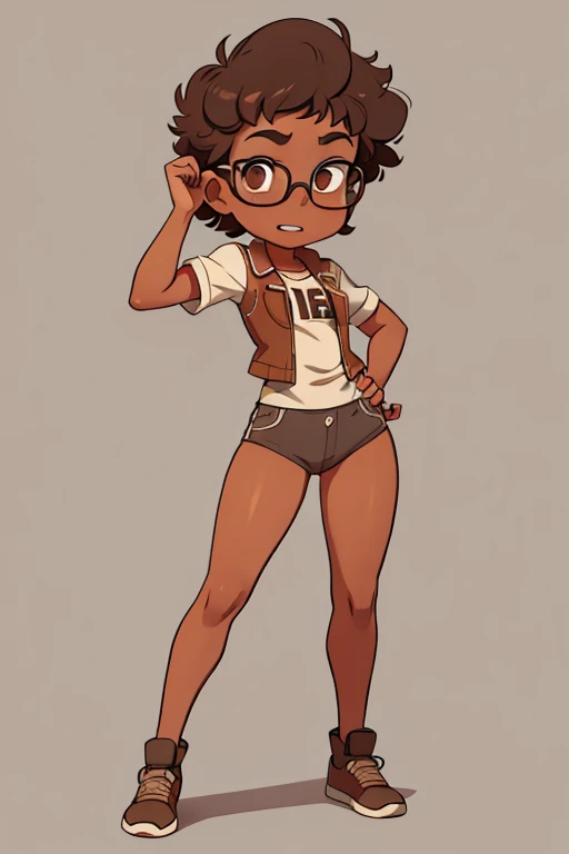 Really embarrassed tomboy girl, with short gray curly hair, brown skin and glasses, in brown body paint , full body, Dynamic poses