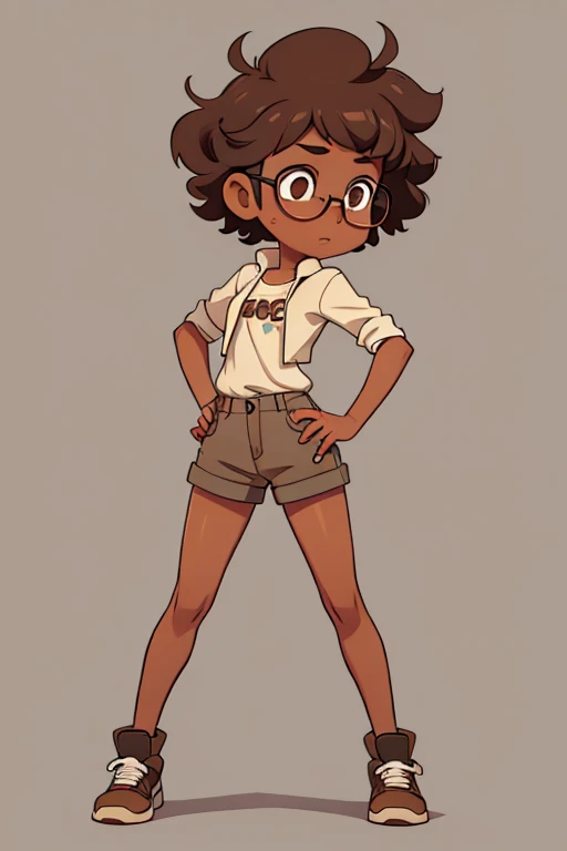 Really embarrassed tomboy girl, with short gray curly hair, brown skin and glasses, in brown body paint , full body, Dynamic poses