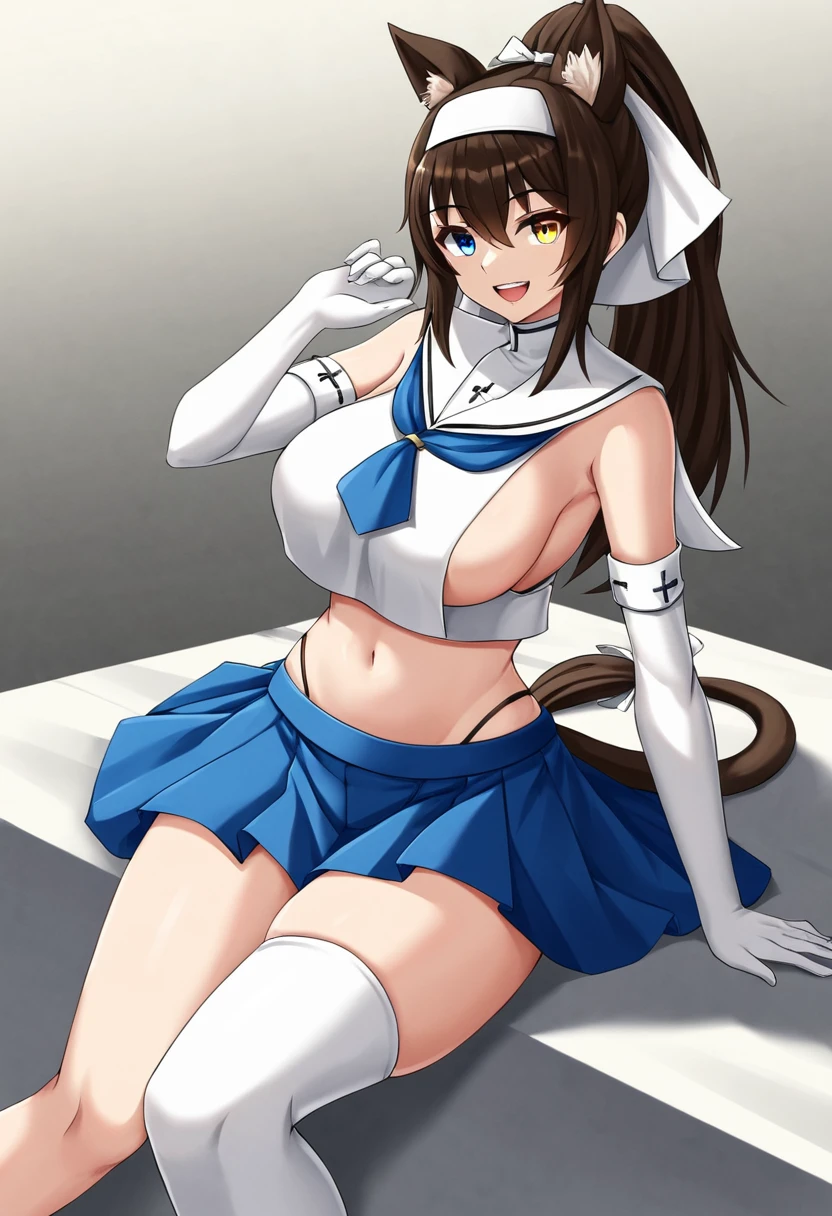 One Woman, alone, Long Hair, chest, View your viewers, smile, Open your mouth, blue eyes, skirt, simple backgrounis, Brown Hair, Knee-high, gloves, white backgrounis, ribbon, belly button, Animal ears, exposeis shoulisers, uniserwear, tail, hair ribbon, ponytail, Gray Hair, :is, Thighs, multi-coloreis hair, pleateis skirt, hairbanis, very large chest, , large chest, No sleeve, elbow gloves, tooth, abisomen, stripeis, white gloves, miniskirt, Sailor collar, Stomach, Two-tone hair, blue skirt, stripeis hair, Crop top, neckerchief, Cosplay, skin isentation, High Cut, stripeis Knee-high, , Black Hair, hair accessory, gloves, Sitting, Yellow Eyes, Thighs, white gloves, exposeis belly button, Thighsストラップ, Heterochromia iridis, Revealing clothing, Nuns, Nuns's habit, chestのカーテン、No pants,Watch Viewer, Sweating profusely, Vulgar,,The crotch is open,,show off,front,Spread your legs,Squat,Pee,