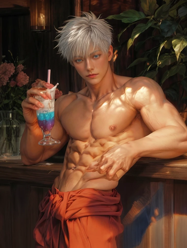 1boy, adult, handsome, perfect face, detailed eyes and face, clean shaved, muscular, capturing a rural atmosphere, dynamic lighting, unreal engine 5, hd picture, satoru gojo, white hair, short hair ,hair between eyes ,blue eyes, white skin, pink nipple, milk nipple details, hold a glass of cold drink