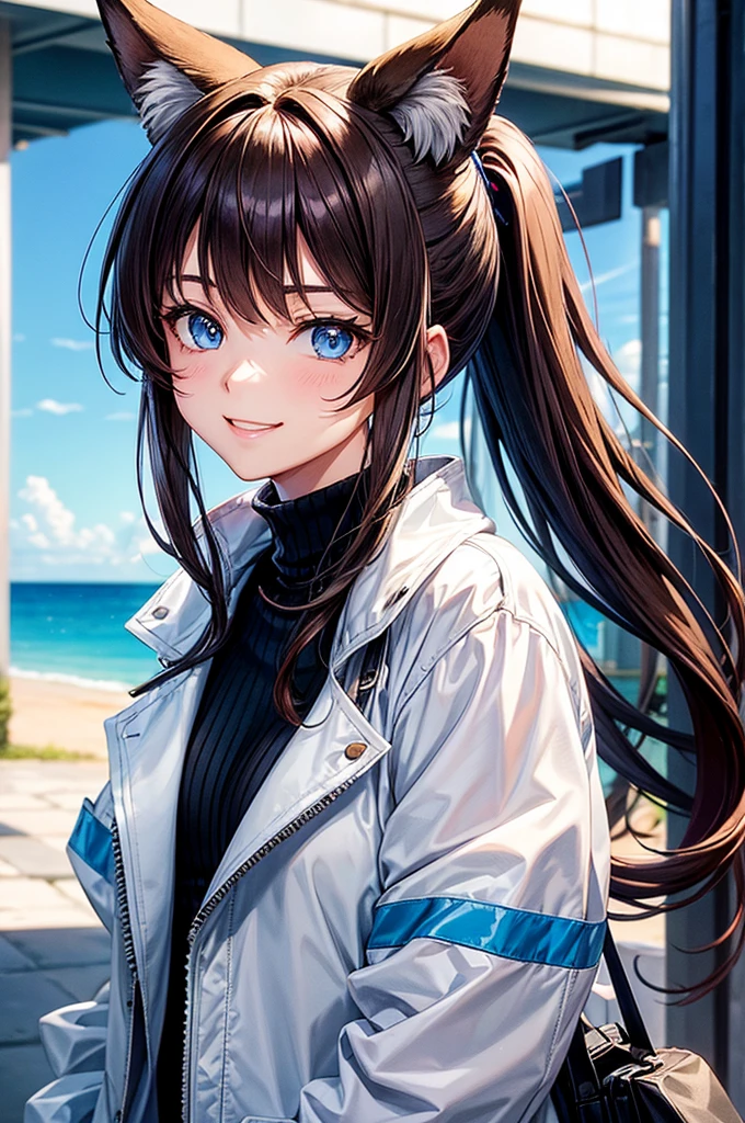 Visualise an anime-styled character portrait: a teenage girl with playful blue eyes and light brown hair styled in a ponytail. She has a fringe on the left side of her face with two strands trailing down each cheek and framing her face. She is smiling. She has fox ears on top of her head, no human ears. She is dressed casually in a white jacket with a blue collar. Underneath is a black turtlenck shirt. She has a beauty mark under her left eye. She is looking at the camera, relaxed and happy.