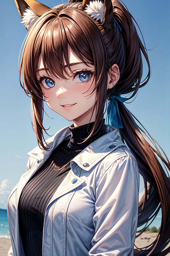 Visualise an anime-styled character portrait: a age girl with playful blue eyes and light brown hair styled in a ponytail. She has a fringe on the left side of her face with two strands trailing down each cheek and framing her face. She is smiling. She has fox ears on top of her head, no human ears. She is dressed casually in a white jacket with a blue collar. Underneath is a black turtlenck shirt. She has a beauty mark under her left eye. She is looking at the camera, relaxed and happy.