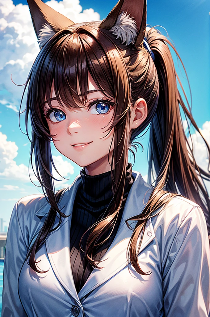 Visualise an anime-styled character portrait: a teenage girl with playful blue eyes and light brown hair styled in a ponytail. She has a fringe on the left side of her face with two strands trailing down each cheek and framing her face. She is smiling. She has fox ears on top of her head, no human ears. She is dressed casually in a white jacket with a blue collar. Underneath is a black turtlenck shirt. She has a beauty mark under her left eye. She is looking at the camera, relaxed and happy.