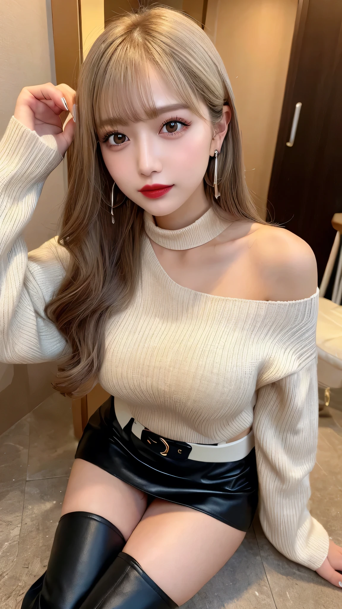 play sports often, (sweater:1.2), ()、No panties, (Cyberpunk settings: 1.2), compensate,, (1 girl: 1.4), highest quality, masterpiece, (reality: 1.2), young woman, lady, detailed face, fine eyes, fine hair, fine skin, looking at the viewer, dramatic, vibrant, sharp focus, 50mm, f1.2, EOS R8, (3/4 body: 1.2), (Inside the bus in the background: 1.6), (highest qualityの詳細: 1.2), 8K HD,(spread legs:1.2),