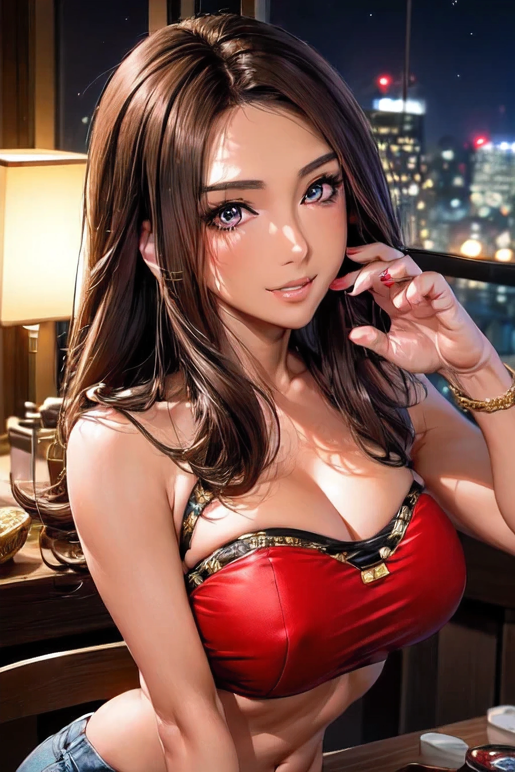 ((midnight, best quality, 8k, masterpiece :1.3)), whole body, Long legs, Clear focus :1.2, Beautiful woman with perfect body :1.4, Slim abdominal muscles :1.1, ((Dark brown hair, 巨Large Breasts :1.2)), (Red tube top tight T-shirt, suspenders shorts Balenciaga socks， permanent:1.2), ((City night scene, roof:1.3)), Highly detailed face and skin textures, Delicate eyes, Double eyelids，Large Breasts，Watch exposed breasts，Touching breasts with hands。(masterpiece, best quality, Ultra Detailed, high resolution, 4K),(Beautiful delicate eyes),(Very rich facial details),(1 girl),Human Development Report,Long hair, shorts, , Brown eyes, Brown hair, cell, bracelet, Vest, Jewelry, watch, Lips, Focus only, Nail polish, Fuzzy background, Smile, wristwatch, Practical, Fuzzy, Looking at the audience，，Exposed，beautiful。