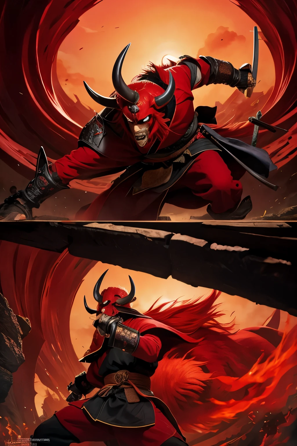 Ghibli style,Big red demon,Young Samurai,Deadly Combat