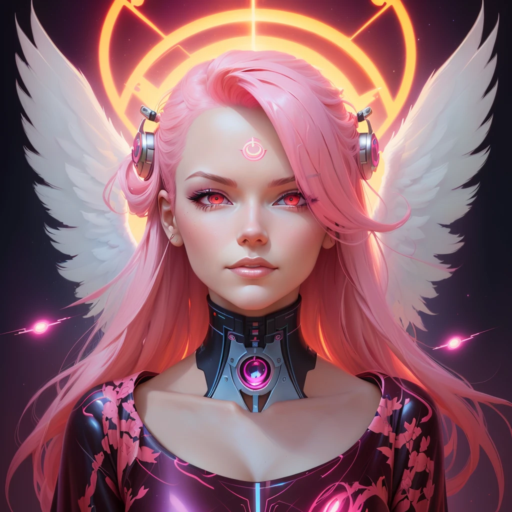 a woman with pink hair and a red eye and angel wings, beeple and jeremiah ketner, artgerm julie bell beeple, beautiful cyborg angel girl, neoartcore and charlie bowater, stunning digital illustration, alena aenami and artgerm, digital fantasy illustration, digital 2d fantasy art, jen bartel