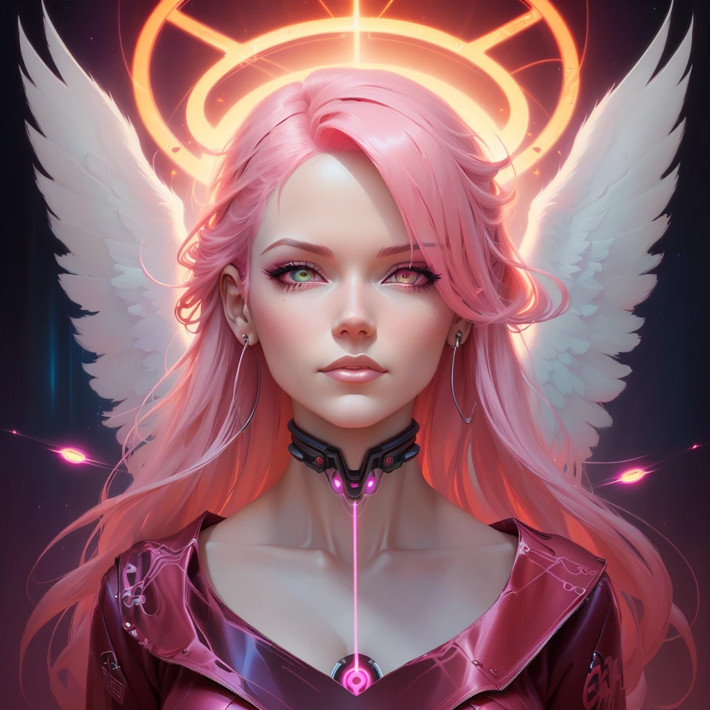 a woman with pink hair and a red eye and angel wings, beeple and jeremiah ketner, artgerm julie bell beeple, beautiful cyborg angel girl, neoartcore and charlie bowater, stunning digital illustration, alena aenami and artgerm, digital fantasy illustration, digital 2d fantasy art, jen bartel