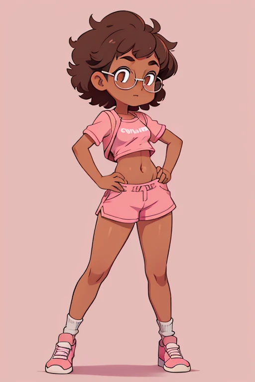 Really embarrassed tomboy girl, with short gray curly  hair, brown skin and  glasses, in pink underwear  , full body,  Dynamic  poses