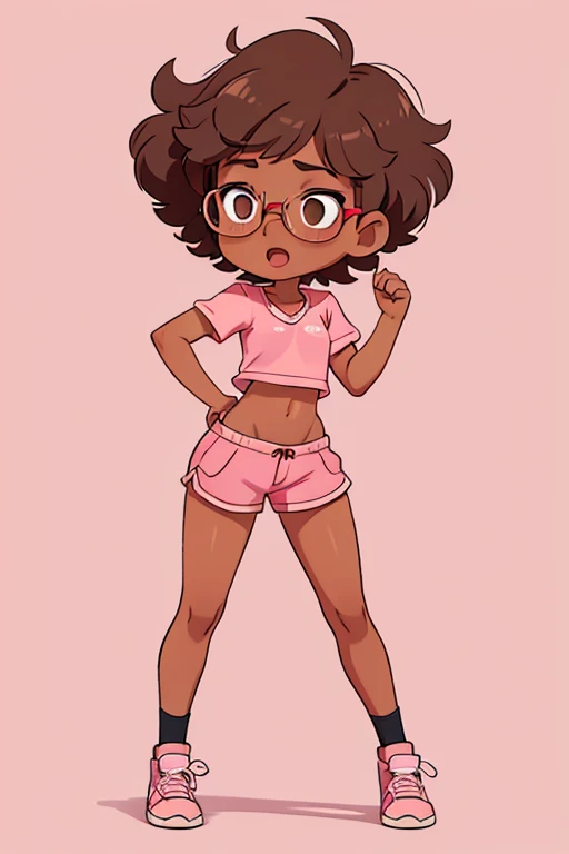 Really embarrassed tomboy girl, with short gray curly  hair, brown skin and  glasses, in pink underwear  , full body,  Dynamic  poses