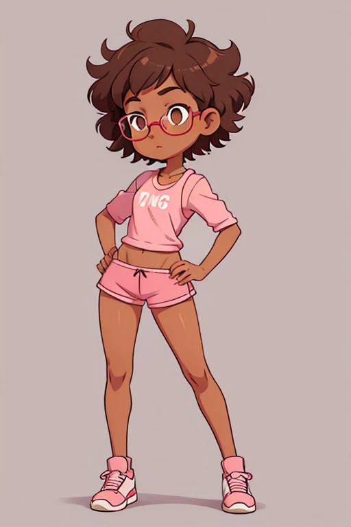 Really embarrassed tomboy girl, with short gray curly  hair, brown skin and  glasses, in pink underwear  , full body,  Dynamic  poses