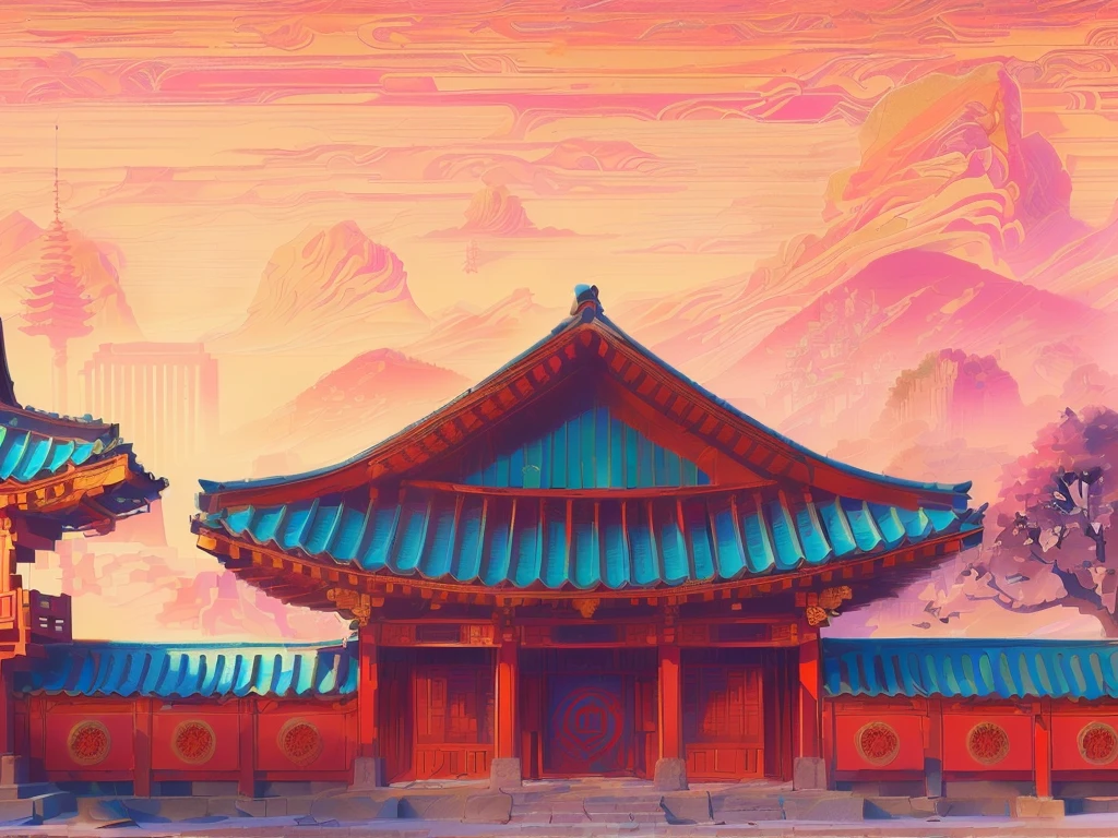 illustration:Traditional Chinese architecture,Pagoda in the background, Temple Background, Palace Background, Traditional Korean city, Korean traditional palace, Depicting the background of the temple, Dojo on the mountain, background technology, High School Background, Town Background, background technologywork, anime background technology, Anime Background, Korean Artist, Downtown Background, Pagoda Figures