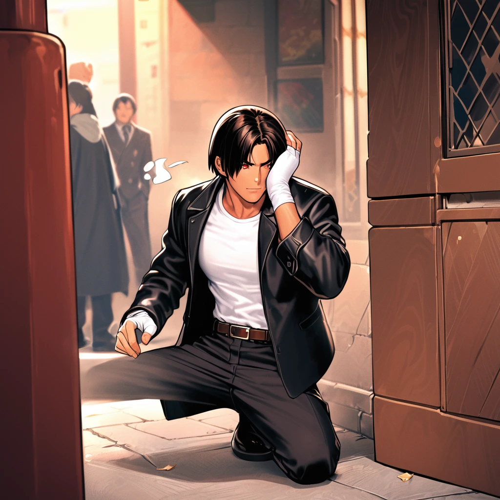 kusanagi kyo、1 person、Dark Skin、Red eyes、Black jacket、Fingerless gloves、Black Hair、White T-shirt、White headband、Black trousers、White shoes、Brown belt、good looking、indoor、Charm、masterpiece、High resolution、Detailed face、Fine grain、Appearance of stunned、A woman apologizing to a man holding his hand in the street、Woman holding her head