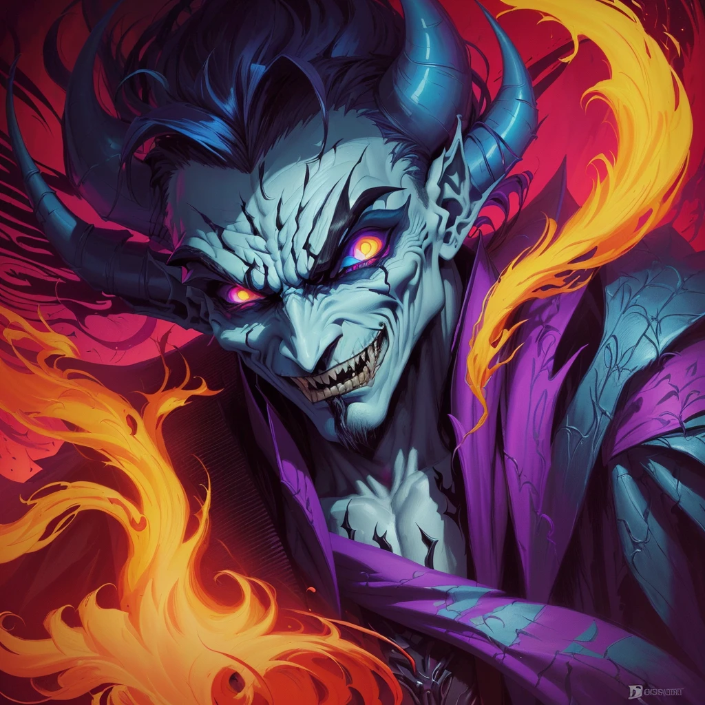 a close up of a cartoon character with a demonic face, epic full color illustration, scary color art in 4 k, portrait of hades, psychedelic laughing demon, evil realm magic painting vibes, full art illustration, evil sorcerer, disney villain, dangerous mephisto from faust, djinn man male demon, an ominous fantasy illustration, evil villain