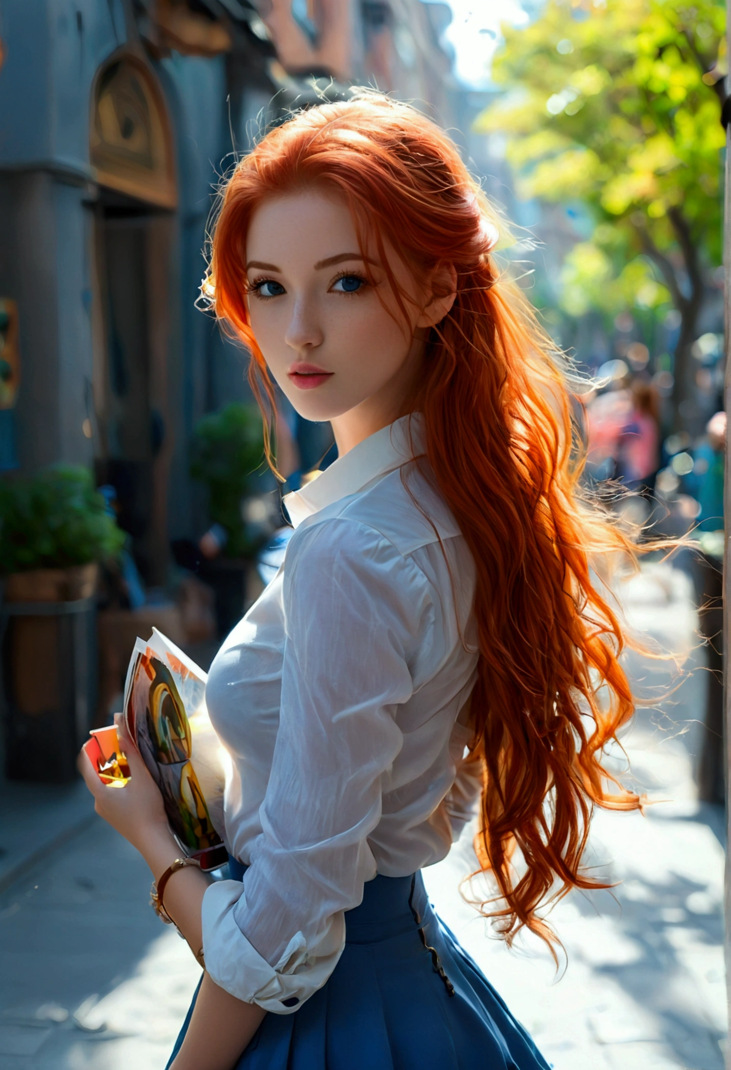 ultra realistic, photography, long red hair, girl, 24 years old, hourglass figure, perfect body, Flirty look, medium natural breasts, extremely detailed artgerm, in the style artgerm, facing the camera, lens 35 mm, blur background, tour guide, white shirt, blue skirt, brochures in her hand, standing on the sidewalk