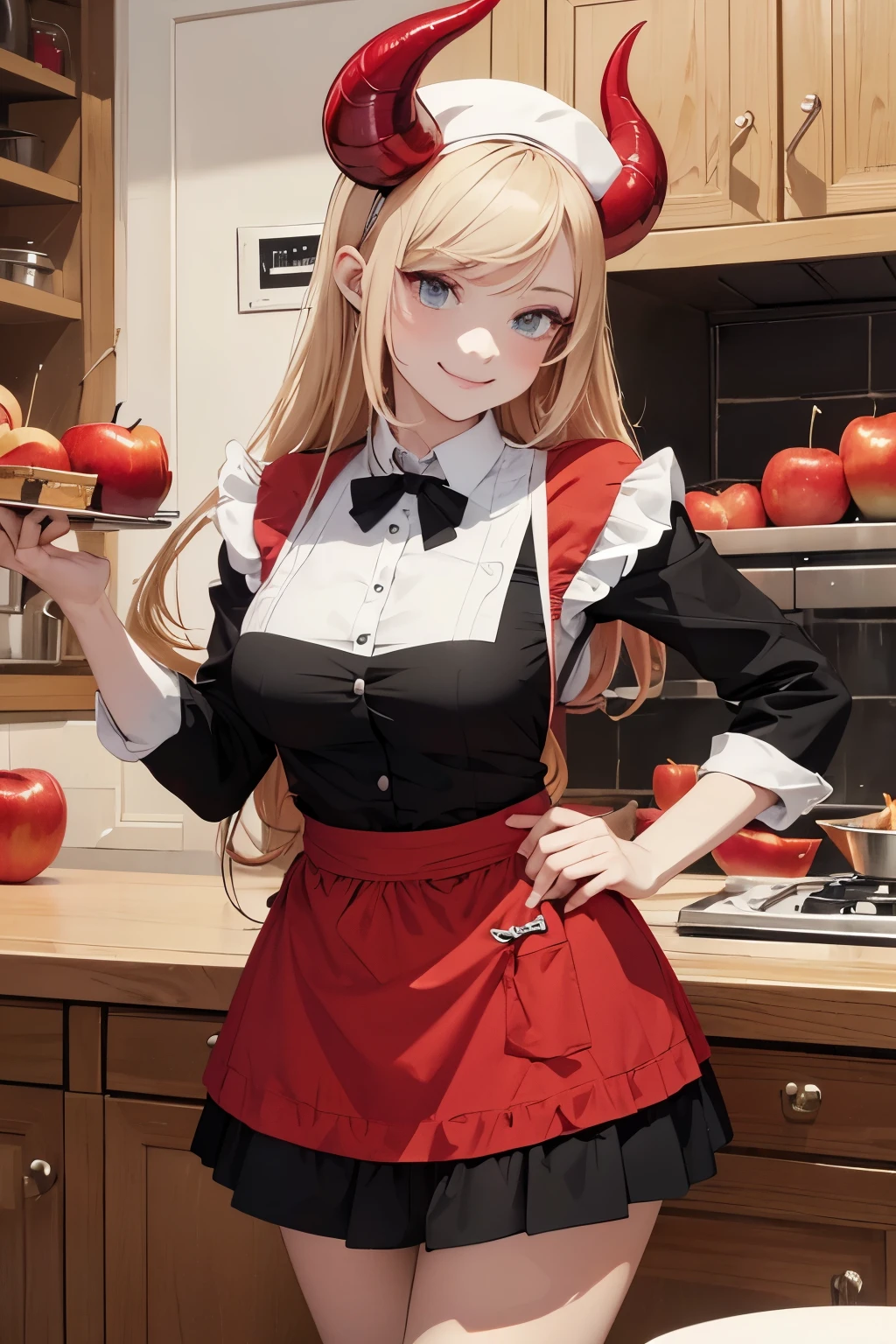 flat color,popart style,(best quality, masterpiece, ultra high-resolution, ultra-detailed: 1.2),
The devil girl is making apple pie in the Devil's kitchen,cook cap, devil's red horns,black wings,chef's apron,nihilistic smile,Apples,