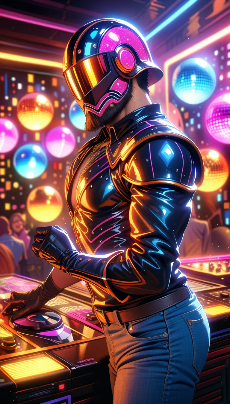 ((best quality)) , ((masterpiece)) , (detailed)，1boy, male focus, solo, shirt, helmet, pants, denim, armor, facial hair, blue pants, gloves, beard, jeans, holding,(((Disco-themed Complex background, Vibrant, groovy, retro 70s style, shiny disco balls, neon lights, dance floor, highly detailed)))