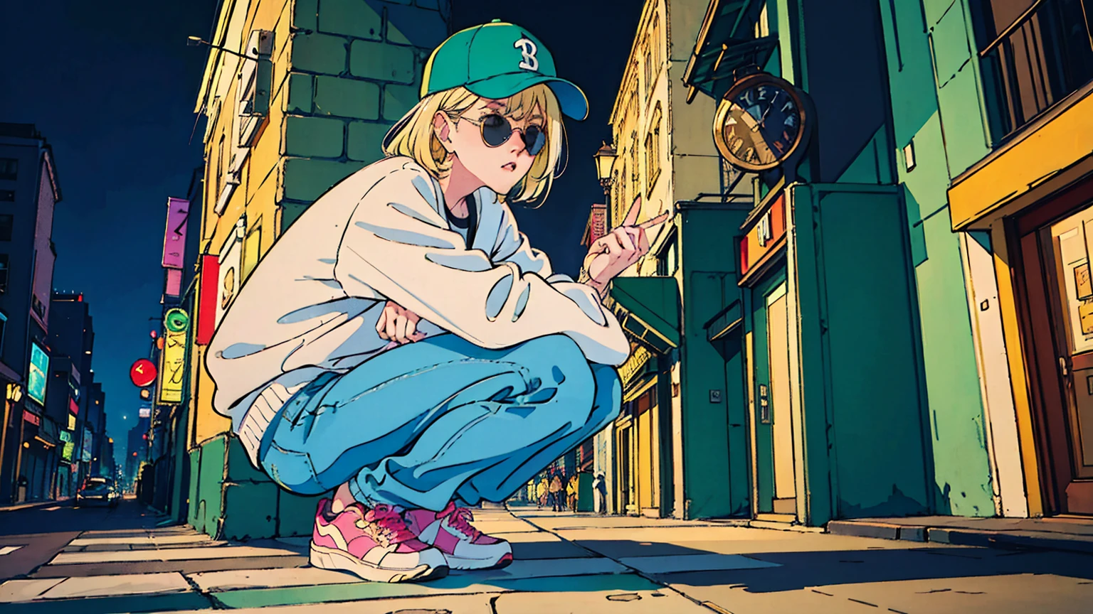 80's, Retro, City Pop, Best Photo Poses, Crouching on the city street, Dynamic Angle,girl, alone, cool, Delicate face, Wearing sunglasses, Blonde Hair, Cityscape, City of night, Casual street wear, Street side, Wearing a cap, Trendy clothing, clock, sneakers,