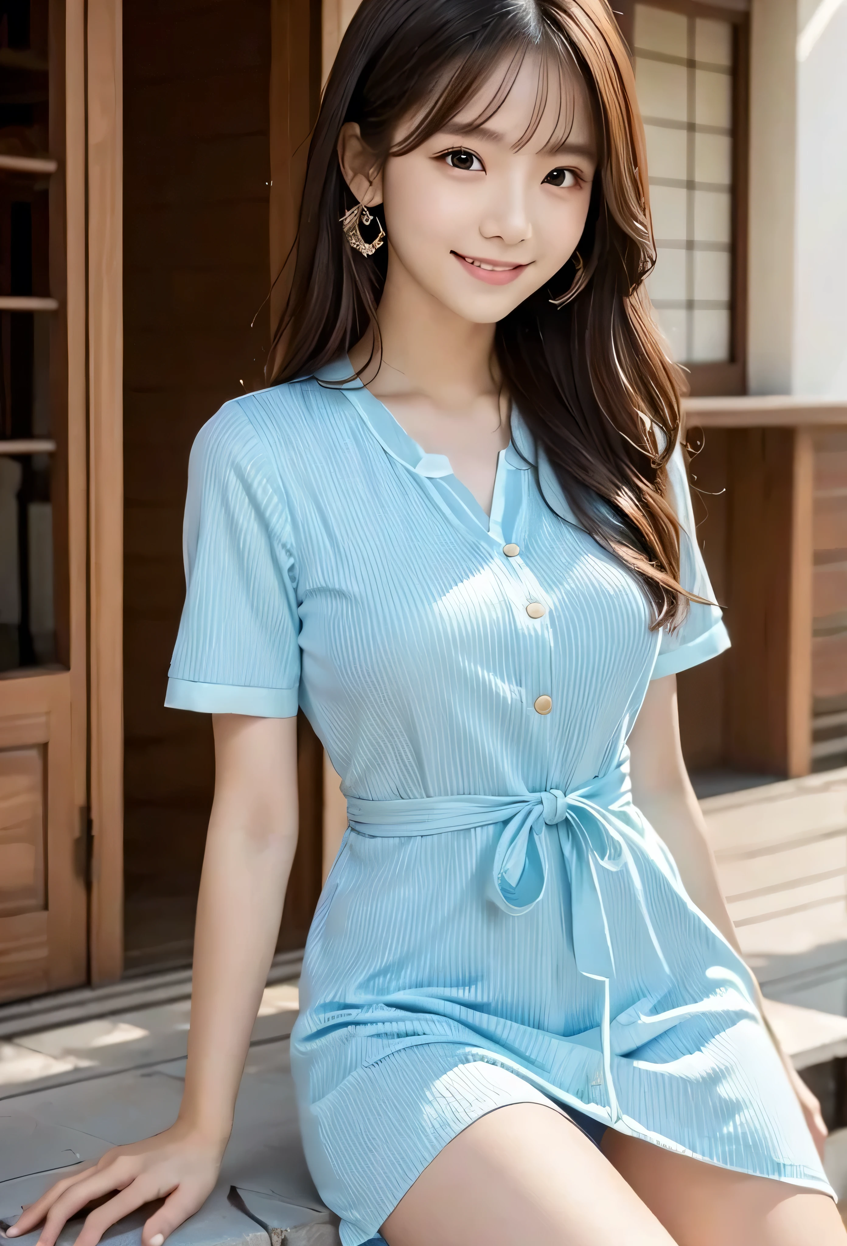 (masterpiece, best quality:1.1), (8k, raw photo, photo realistic:1.2, f22), (shiny skin),japanese,detailed skin,long hair,ribbon,detailed face, detailed eyes,smile,BREAK, real world, intricate details, smil, BREAK, 1girl, full body,(short sleeve,dress,stripe),BREAK ,(sea:1.4)