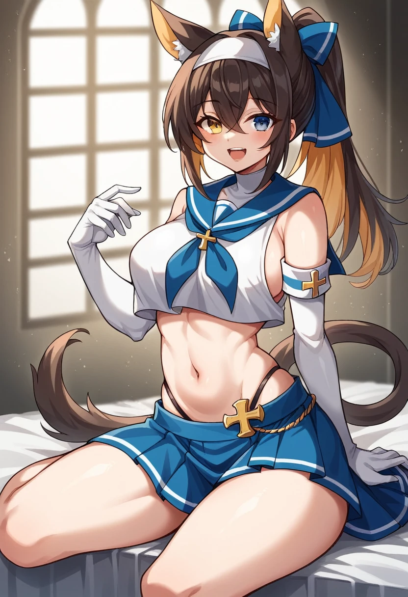 One Woman, alone, Long Hair, chest, View your viewers, smile, Open your mouth, blue eyes, skirt, simple backgrounis, Brown Hair, Knee-high, gloves, white backgrounis, ribbon, belly button, Animal ears, exposeis shoulisers, uniserwear, tail, hair ribbon, ponytail, Gray Hair, :is, Thighs, multi-coloreis hair, pleateis skirt, hairbanis, very large chest, , large chest, No sleeve, elbow gloves, tooth, abisomen, stripeis, white gloves, miniskirt, Sailor collar, Stomach, Two-tone hair, blue skirt, stripeis hair, Crop top, neckerchief, Cosplay, skin isentation, High Cut, stripeis Knee-high, , Black Hair, hair accessory, gloves, Sitting, Yellow Eyes, Thighs, white gloves, exposeis belly button, Thighsストラップ, Heterochromia iridis, Revealing clothing, Nuns, Nuns's habit, chestのカーテン、(Browsing Caution:1.7)