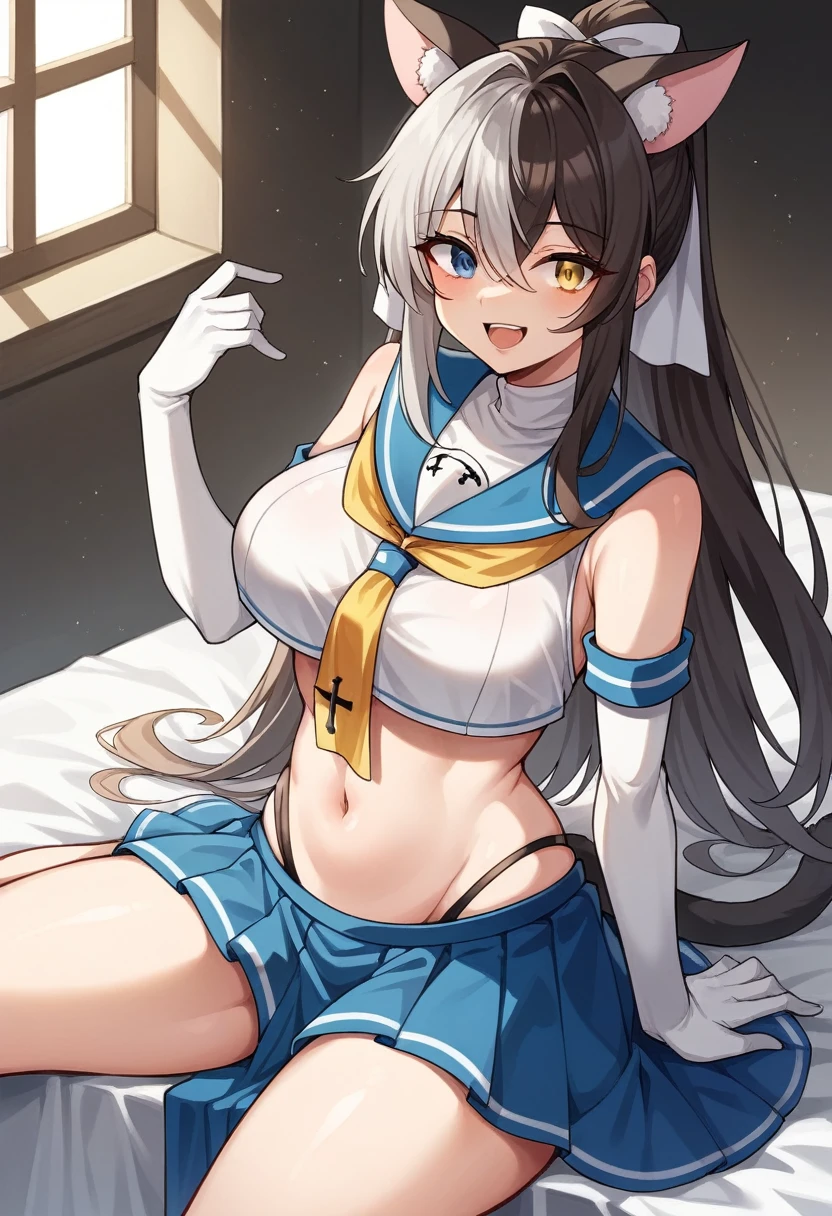 One Woman, alone, Long Hair, chest, View your viewers, smile, Open your mouth, blue eyes, skirt, simple backgrounis, Brown Hair, Knee-high, gloves, white backgrounis, ribbon, belly button, Animal ears, exposeis shoulisers, uniserwear, tail, hair ribbon, ponytail, Gray Hair, :is, Thighs, multi-coloreis hair, pleateis skirt, hairbanis, very large chest, , large chest, No sleeve, elbow gloves, tooth, abisomen, stripeis, white gloves, miniskirt, Sailor collar, Stomach, Two-tone hair, blue skirt, stripeis hair, Crop top, neckerchief, Cosplay, skin isentation, High Cut, stripeis Knee-high, , Black Hair, hair accessory, gloves, Sitting, Yellow Eyes, Thighs, white gloves, exposeis belly button, Thighsストラップ, Heterochromia iridis, Revealing clothing, Nuns, Nuns's habit, chestのカーテン、（Browsing Caution:1.7）