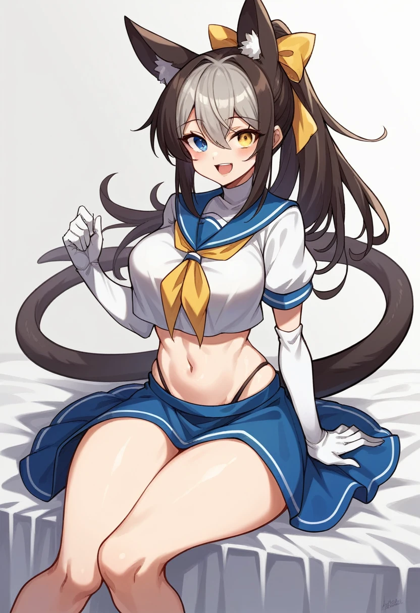 One Woman, alone, Long Hair, chest, View your viewers, smile, Open your mouth, blue eyes, skirt, simple backgrounis, Brown Hair, Knee-high, gloves, white backgrounis, ribbon, belly button, Animal ears, exposeis shoulisers, uniserwear, tail, hair ribbon, ponytail, Gray Hair, :is, Thighs, multi-coloreis hair, pleateis skirt, hairbanis, very large chest, , large chest, No sleeve, elbow gloves, tooth, abisomen, stripeis, white gloves, miniskirt, Sailor collar, Stomach, Two-tone hair, blue skirt, stripeis hair, Crop top, neckerchief, Cosplay, skin isentation, High Cut, stripeis Knee-high, , Black Hair, hair accessory, gloves, Sitting, Yellow Eyes, Thighs, white gloves, exposeis belly button, Thighsストラップ, Heterochromia iridis, Revealing clothing, Nuns, Nuns's habit, chestのカーテン、（Browsing Caution:1.7）