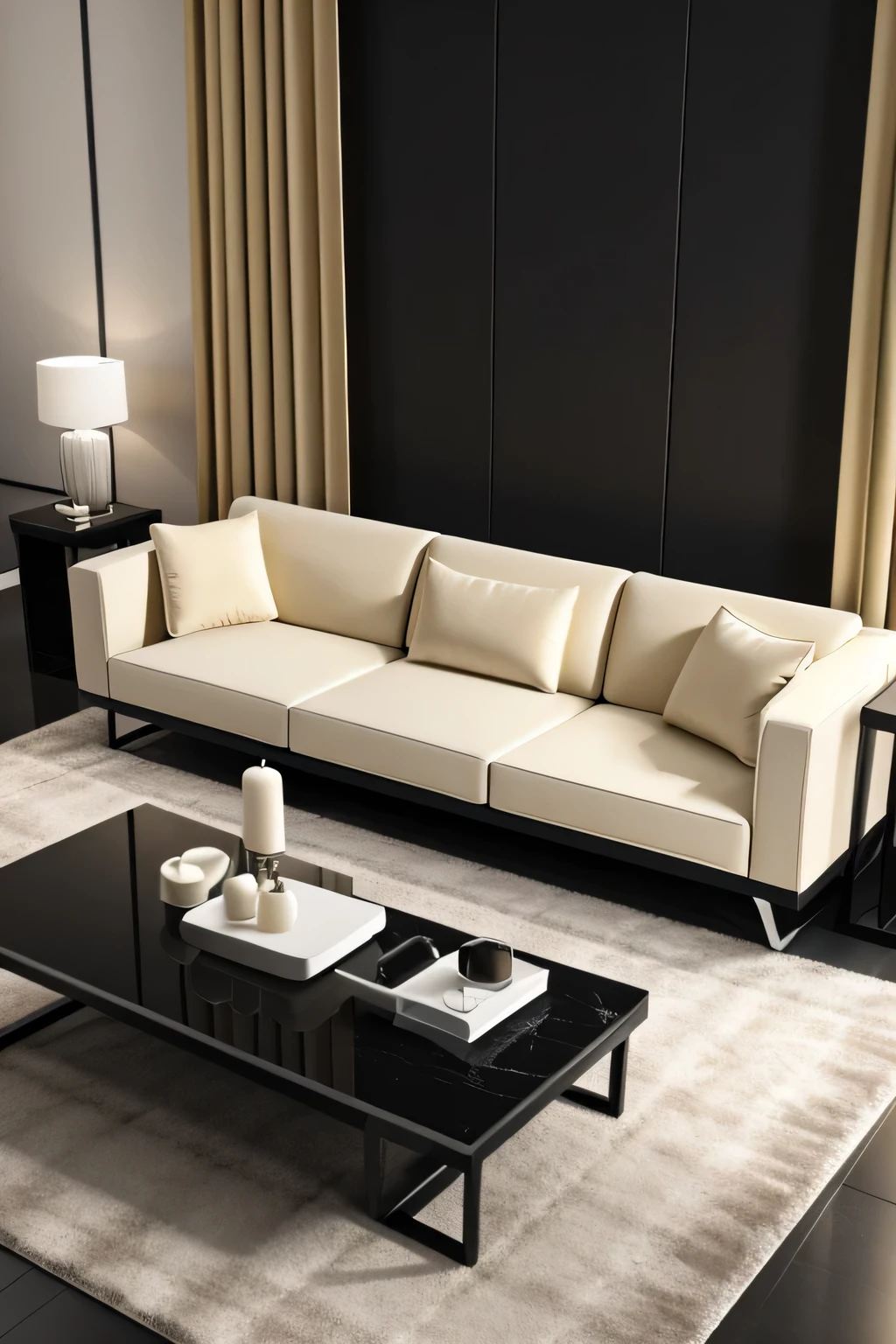 Professional 3d architecture rendering design of modern and minimal and chic cream velvet sofa and black slab stone middle table and modern accessories