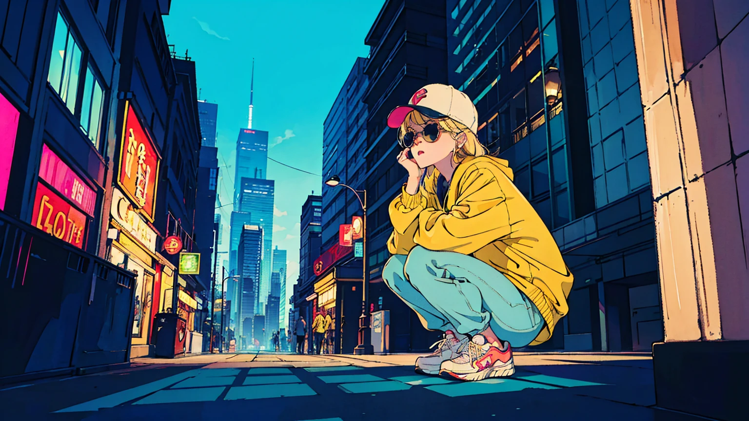 80's, Retro, City Pop, Best Photo Poses, Crouching on the city street, Dynamic Angle,girl, alone, cool, Delicate face, Wearing sunglasses, Blonde Hair, Cityscape, City of night, Casual street wear, Street side, Wearing a cap, Trendy clothing, clock, sneakers,