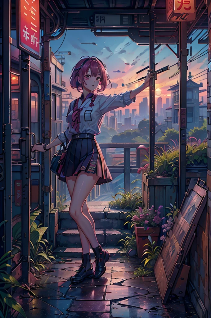 magenta tint、Vibrant colors、((tmasterpiece)))、(((quality)))、((ultra - detailed))、(Surreal)、(Very detailed CG illustration)、offcial art、CD cover、It will be、midsummer、The glorious 1980s、1个Giant Breast Girl,Cool beauty、cochetti gorgeous、incomparable beauty、Hair color、Rock music、jaqueta de couro、Superskirt、perfect angle、Perfectcomposition、(evening,trains站,staircase,trains,Yunxia),corner store,fantasy_world,