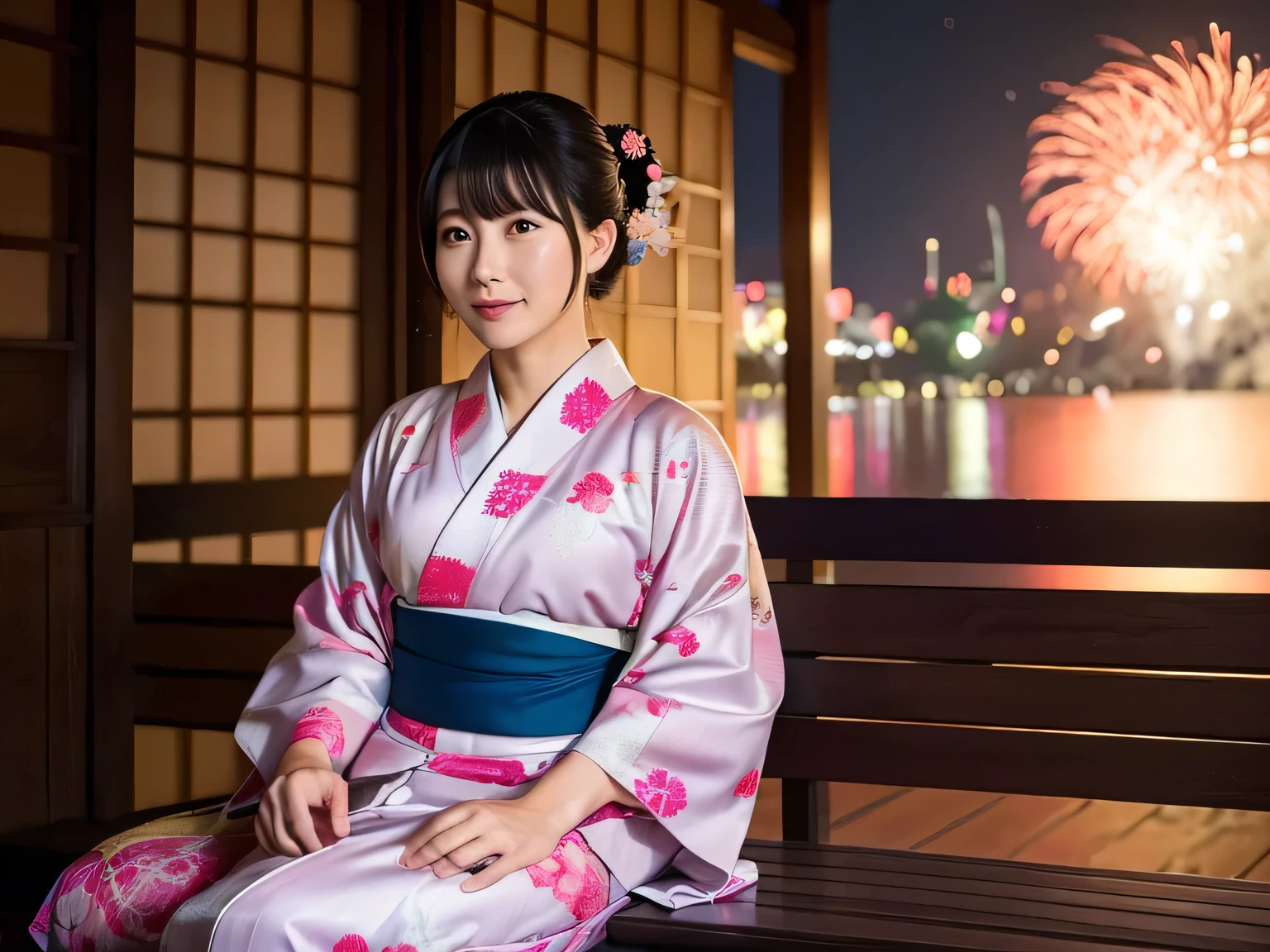 A woman in her 30s wearing a kimono sitting on a bench with fireworks in the background, Elegant yukata, Bathrobes, In kimono, In kimono, Japanese Kimono, wear Kimono, Japanese Goddess, wear Kimono