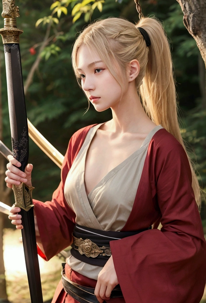20Year、beautiful,、Cute Girls、Warrior、dragon tattoo on arm、Hold the Japanese sword in front of your body、Draw your sword and prepare、Sharp Eyes、Enemy's blood on his cheek、In the woods、Swordsman、Rose tattoo on chest、Blonde、Contemporary face、Swing down the sword、Hair in a ponytail、