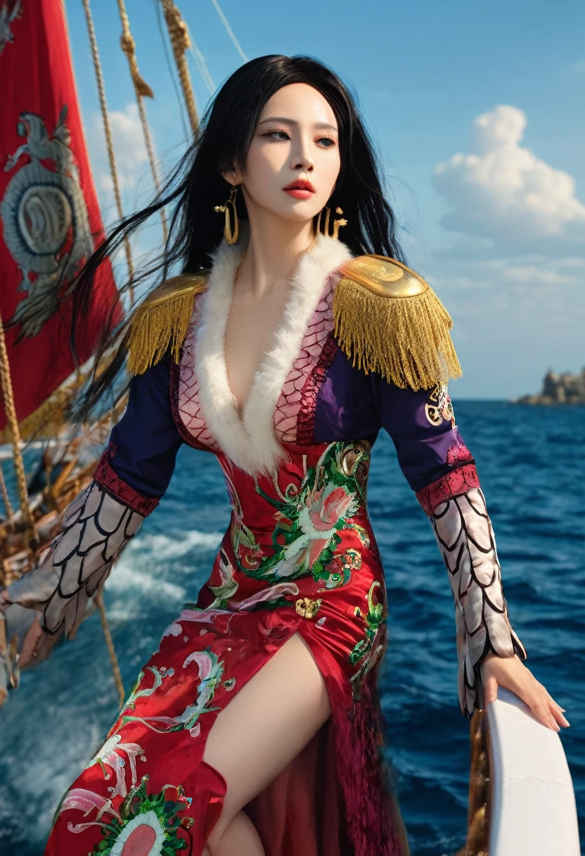 a beautiful detailed boa hancock, stunning portrait, intricate detailed face, piercing eyes, full luscious lips, flowing hair, elegant dress, dramatic pose, dynamic action, battle ship on the sea, vibrant colors, hyperrealistic, cinematic lighting, photorealistic, 8k, best quality, masterpiece