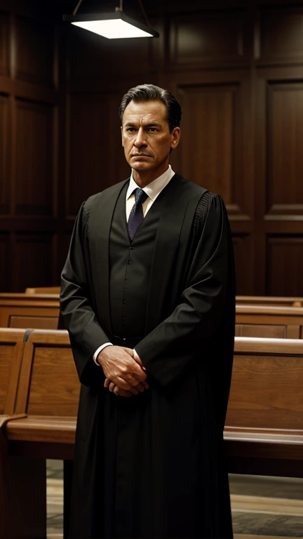 Hyper-realistic digital painting of a serious and confident lawyer standing in a courtroom. The lawyer is wearing a traditional black robe, with no defects in the hands or clothing. The background features a wooden judge's bench, a gavel, and an American flag. The lawyer's expression is focused and determined, exuding a sense of authority and professionalism. The scene captures the intensity and formality of a courtroom setting. Cinematic composition, trending on ArtStation.