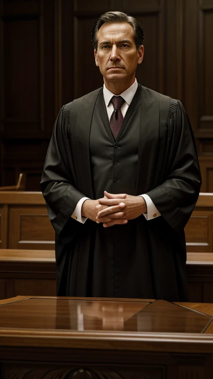 Hyper-realistic digital painting of a serious and confident lawyer standing in a courtroom. The lawyer is wearing a traditional black robe, with no defects in the hands or clothing. The background features a wooden judge's bench, a gavel, and an American flag. The lawyer's expression is focused and determined, exuding a sense of authority and professionalism. The scene captures the intensity and formality of a courtroom setting. Cinematic composition, trending on ArtStation.