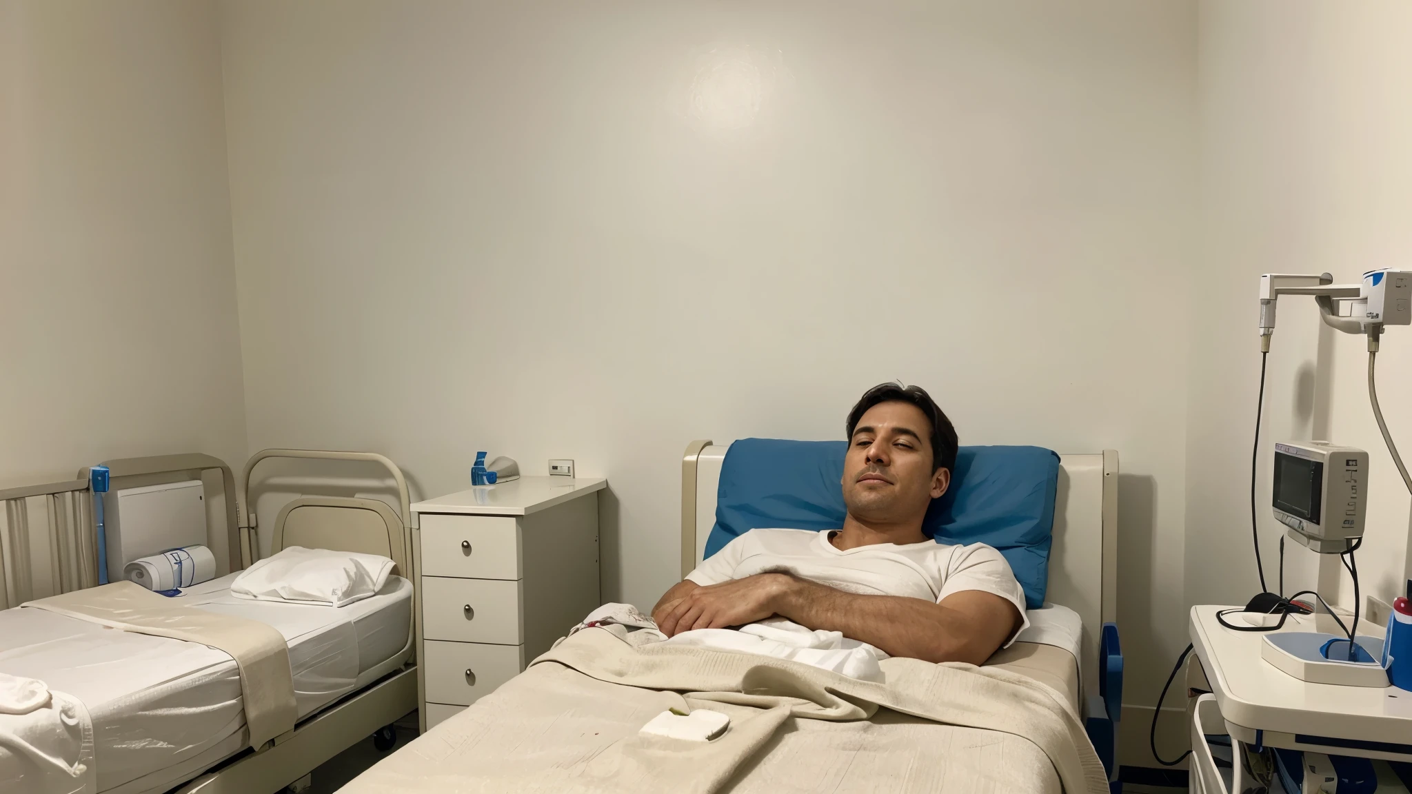  middle-aged male patient resting comfortably on a hospital bed in a clean, neutral hospital room. The room should have minimal but essential elements, such as a bedside table with basic medical supplies and a blanket. . Ensure the image conveys a sense of normalcy and everyday care, focusing on the patient's comfort and the supportive environment. Avoid any signs of distress or medical equipment that could imply an emergency situation
