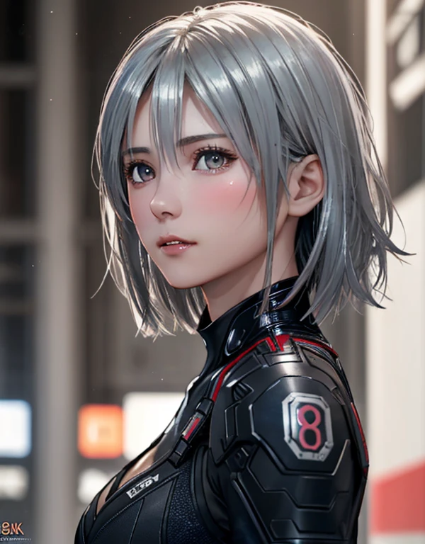 (8k, Realistic, RAW Photos, Highest quality: 1.3), (One Girl), とてもbeautiful, (Realistic Face), (boyish, Silver color very short hair), beautiful cyberpunk suit, A brilliance that captivates the viewer, beautiful expression, beautiful breasts, (Realistic Skin), beautiful...