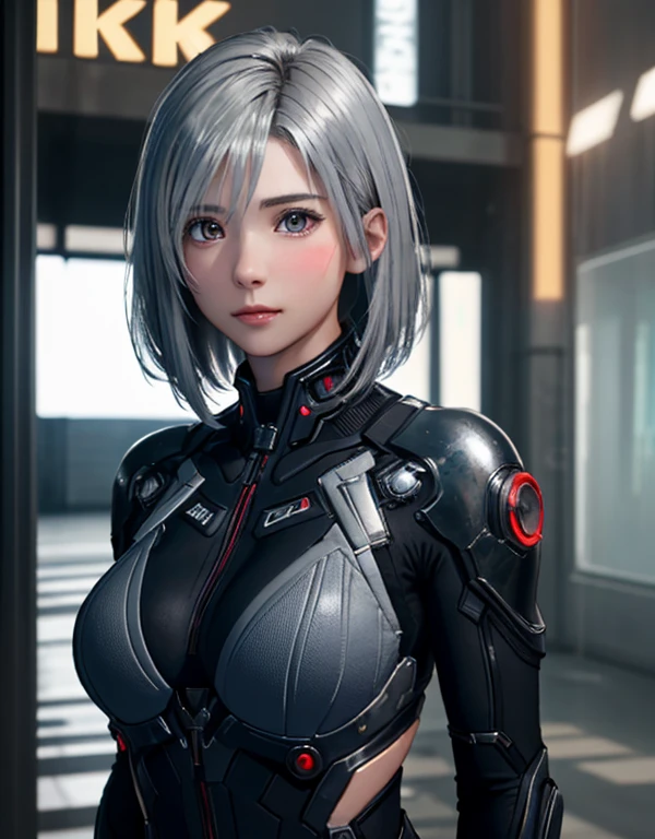 (8k, Realistic, RAW Photos, Highest quality: 1.3), (One Girl), とてもbeautiful, (Realistic Face), (boyish, Silver color very short hair), beautiful cyberpunk suit, A brilliance that captivates the viewer, beautiful expression, beautiful breasts, (Realistic Skin), beautiful...