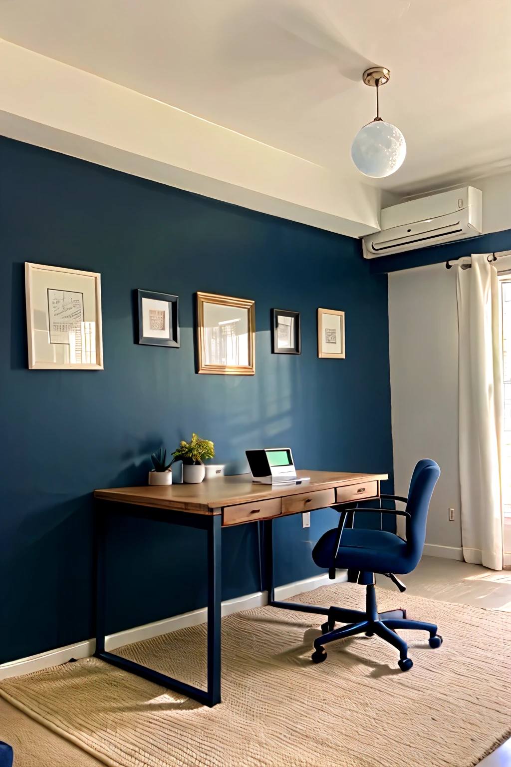 CREATE A 2D IMAGE OF A BEDROOM WITH NAVY BLUE SEATING AREA, A STUDY TABLE ON ONE WALL. THE ADJACENT WALL SHOULD BE BLACK FEATURING A MOON DESIGN AND THE REMAINING WALLS SHOULD BE OFF WHITE