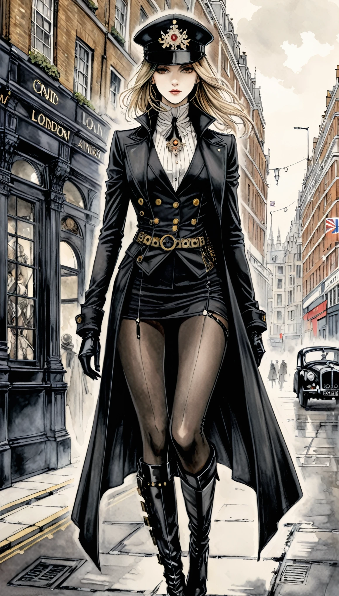 in style of Santiago Caruso,1girl,London Fashion,Female Agent,New era,