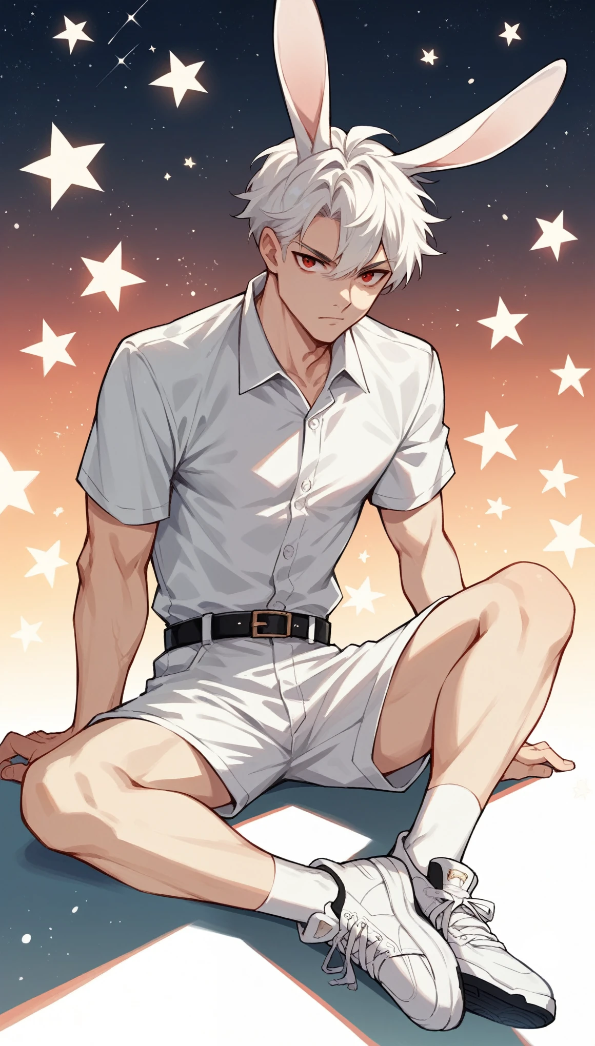 Handsome boy,White hair,Rabbit ears,White shirt,Slim body,Sitting on a meteorite,He has a pair of warm red eyes,Stars background,White shorts,White socks,White sneakers,Black belt