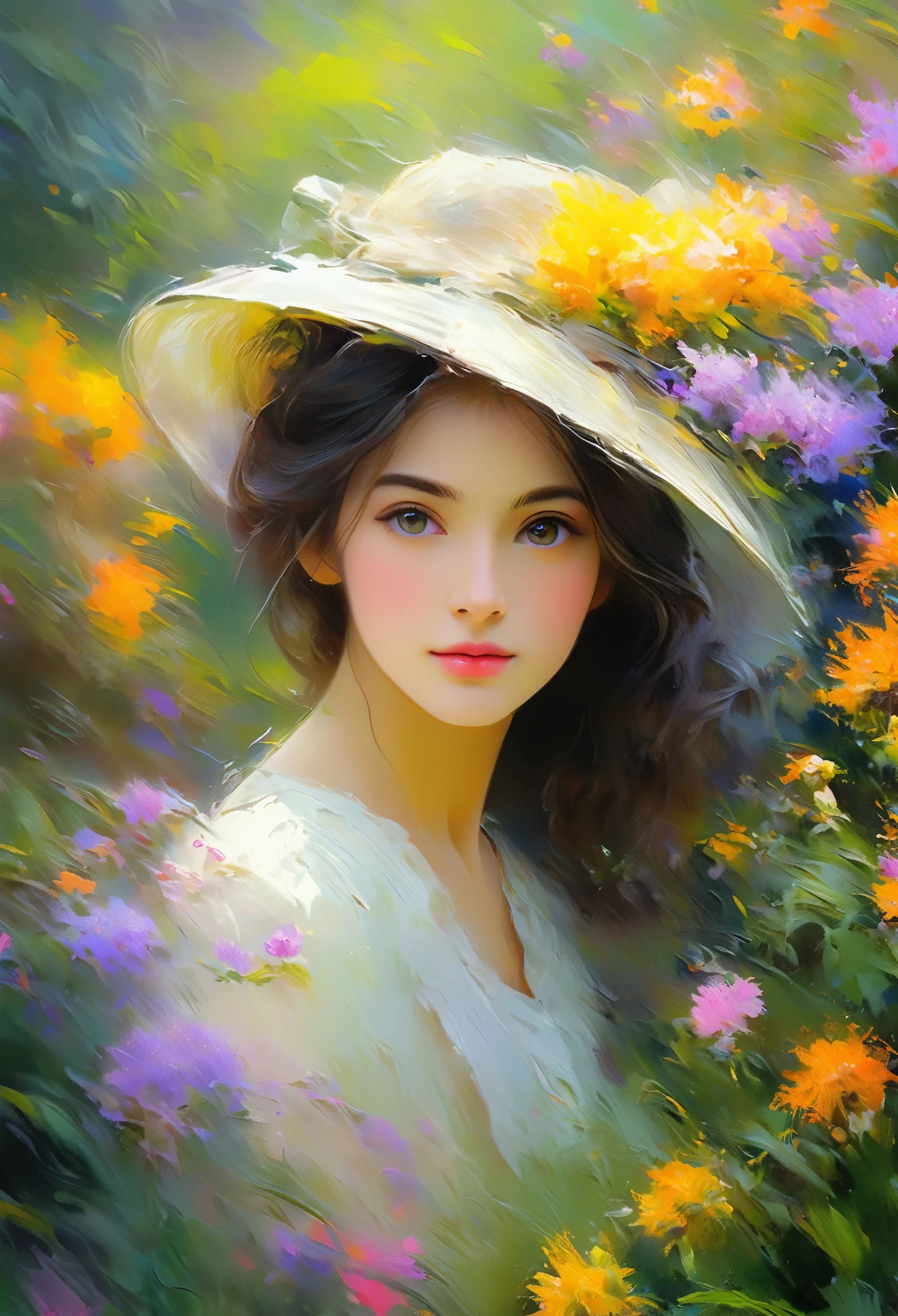 (Girl in a Garden Inspired by Claude Monet,Beautiful attention to detail,Beautiful lip detail,Highly detailed eyes and face, Long eyelashes, Impressionist techniques, Vibrant colors, Breathtaking visual effects, Eternal Silence, oil,Ultra-fine painting, Professional, Vibrant colors, Sharp focus, High resolution, Physically Based Rendering, Masterpiece:1.2, High resolution, 超High resolution, Studio Lighting, romantic, Soft brushwork, Quiet atmosphere)