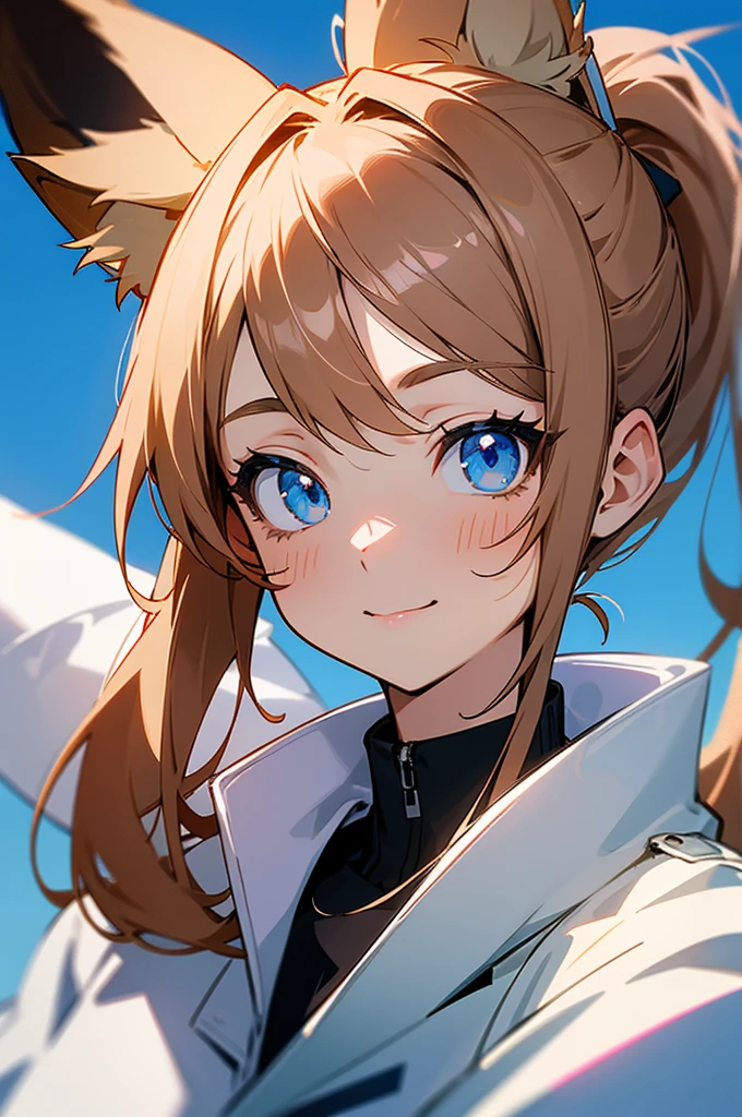 Visualise an anime-styled character portrait: a teenage girl with playful blue eyes and light brown hair styled in a ponytail. She has a fringe on the left side of her face with two strands trailing down each cheek and framing her face. She is smiling. She has fox ears on top of her head, no human ears. She is dressed casually in a white jacket with a blue collar. Underneath is a black turtlenck shirt. She has a beauty mark under her left eye. She is looking at the camera, relaxed and happy.