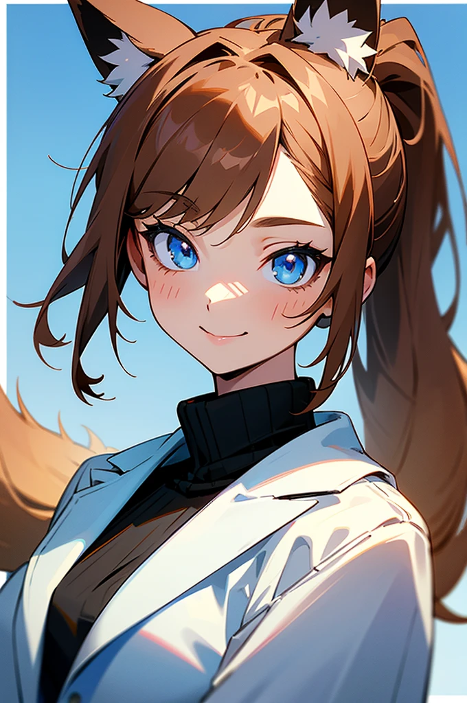 Visualise an anime-styled character portrait: a teenage girl with playful blue eyes and light brown hair styled in a ponytail. She has a fringe on the left side of her face with two strands trailing down each cheek and framing her face. She is smiling. She has fox ears on top of her head, no human ears. She is dressed casually in a white jacket with a blue collar. Underneath is a black turtlenck shirt. She has a beauty mark under her left eye. She is looking at the camera, relaxed and happy.