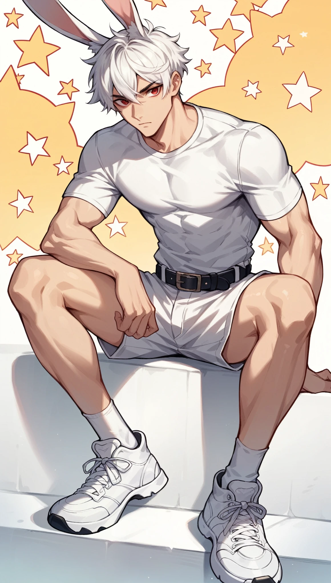 Handsome boy,White hair,Rabbit ears,Abdominal muscles,Slim body,Sitting on a meteorite,He has a pair of warm red eyes,Stars background,White shorts,White socks,White sneakers,Black belt