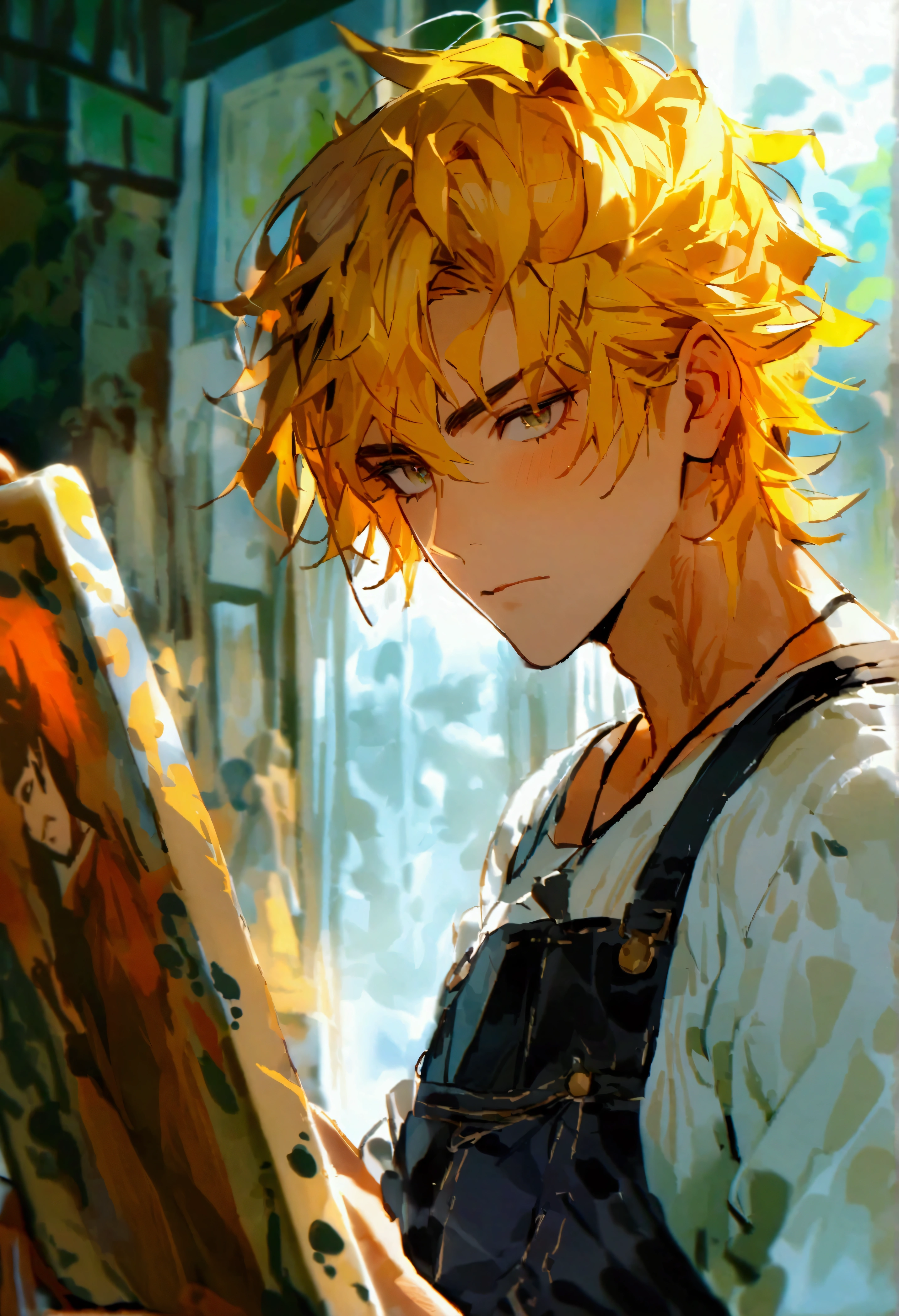 Yellow hair,Charismatic guy,Deep overalls,painter,brush,Drawing plate