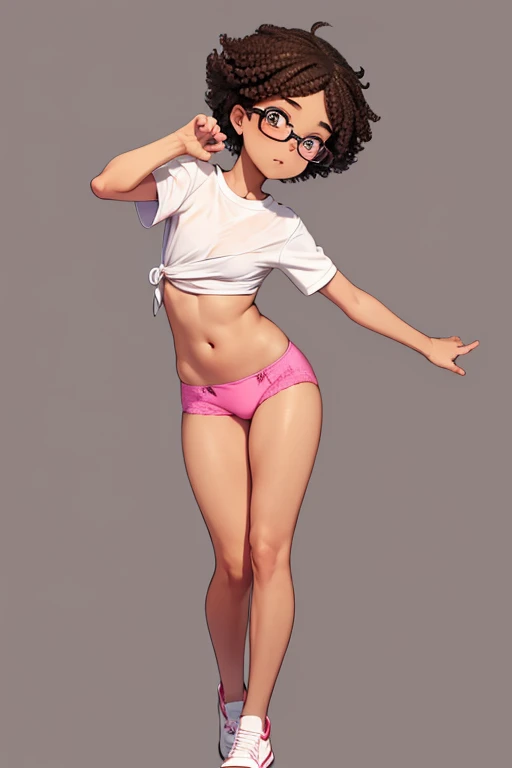 Really embarrassed tomboy girl, with short gray curly  hair, brown skin and  glasses, in pink underwear  , full body,  Dynamic  poses