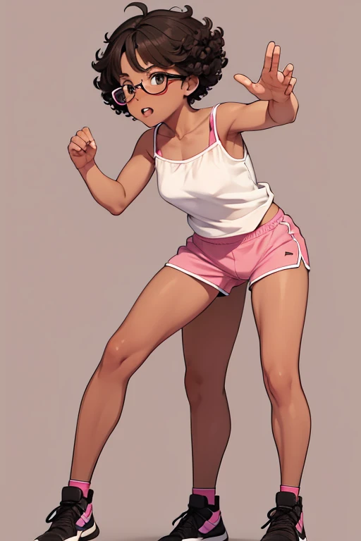 Really embarrassed tomboy girl, with short gray curly  hair, brown skin and  glasses, in pink underwear  , full body,  Dynamic  poses