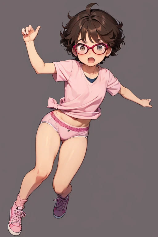 Really embarrassed tomboy girl, with short gray curly  hair, brown skin and  glasses, in pink underwear  , full body,  Dynamic  poses