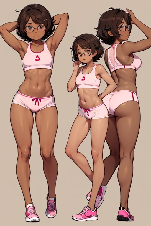Really embarrassed tomboy girl, with short gray curly hair, brown skin and glasses, in pink underwear , full body, Dynamic poses