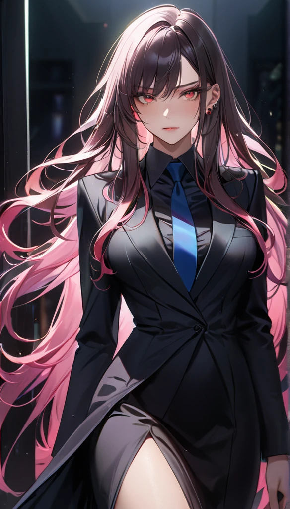 a sexy and  lawyer, elegant black dress, long flowing hair, dramatic makeup, piercing gaze, ominous and threatening look, best quality, 8k, highres, masterpiece, ultra-detailed, photorealistic, studio lighting, extreme detail description, vivid colors